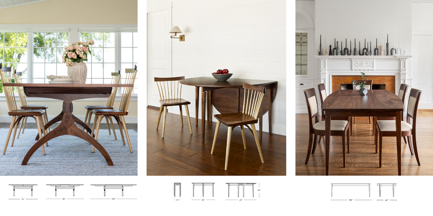 Three Images of tables in walnut with various seating and size charts