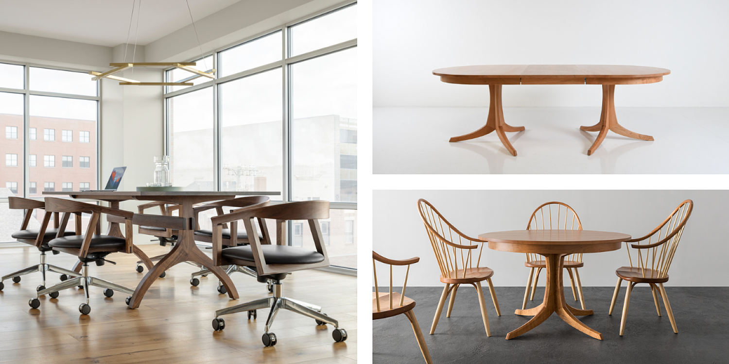 Three images of tables with various seating