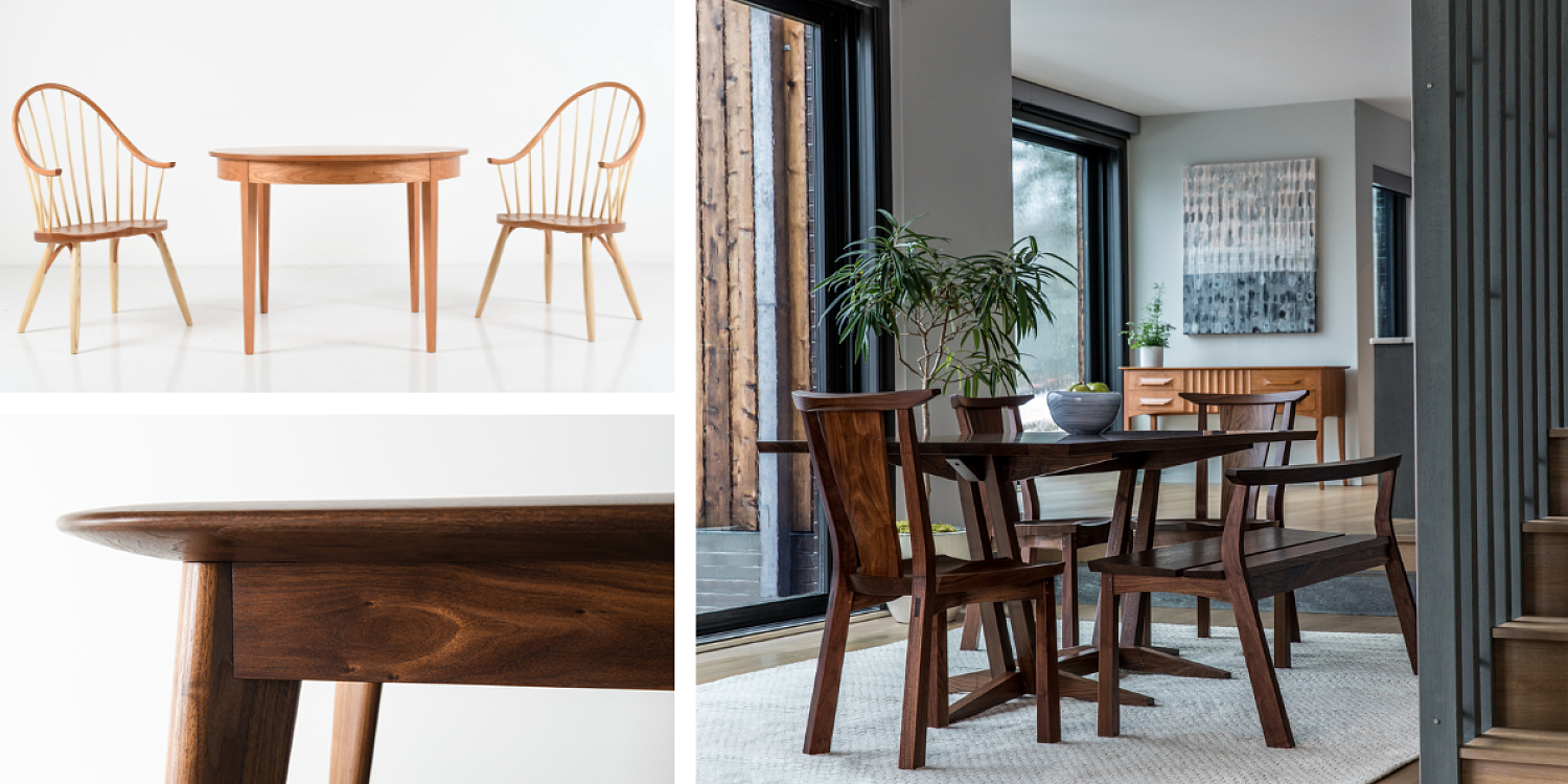 three images, detail of dining table, round table with two chairs and dining room with walnut chairs and table by staircase