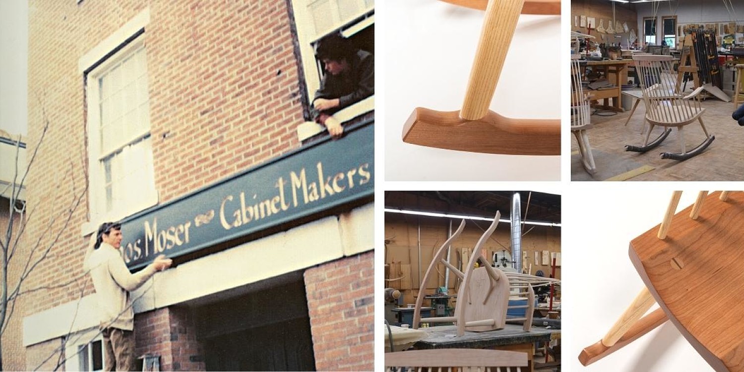 Tom and Aaron Moser hanging the shop sign in Portland, rocker detail, rocker on workbench, seat and arm detail of rocking chair