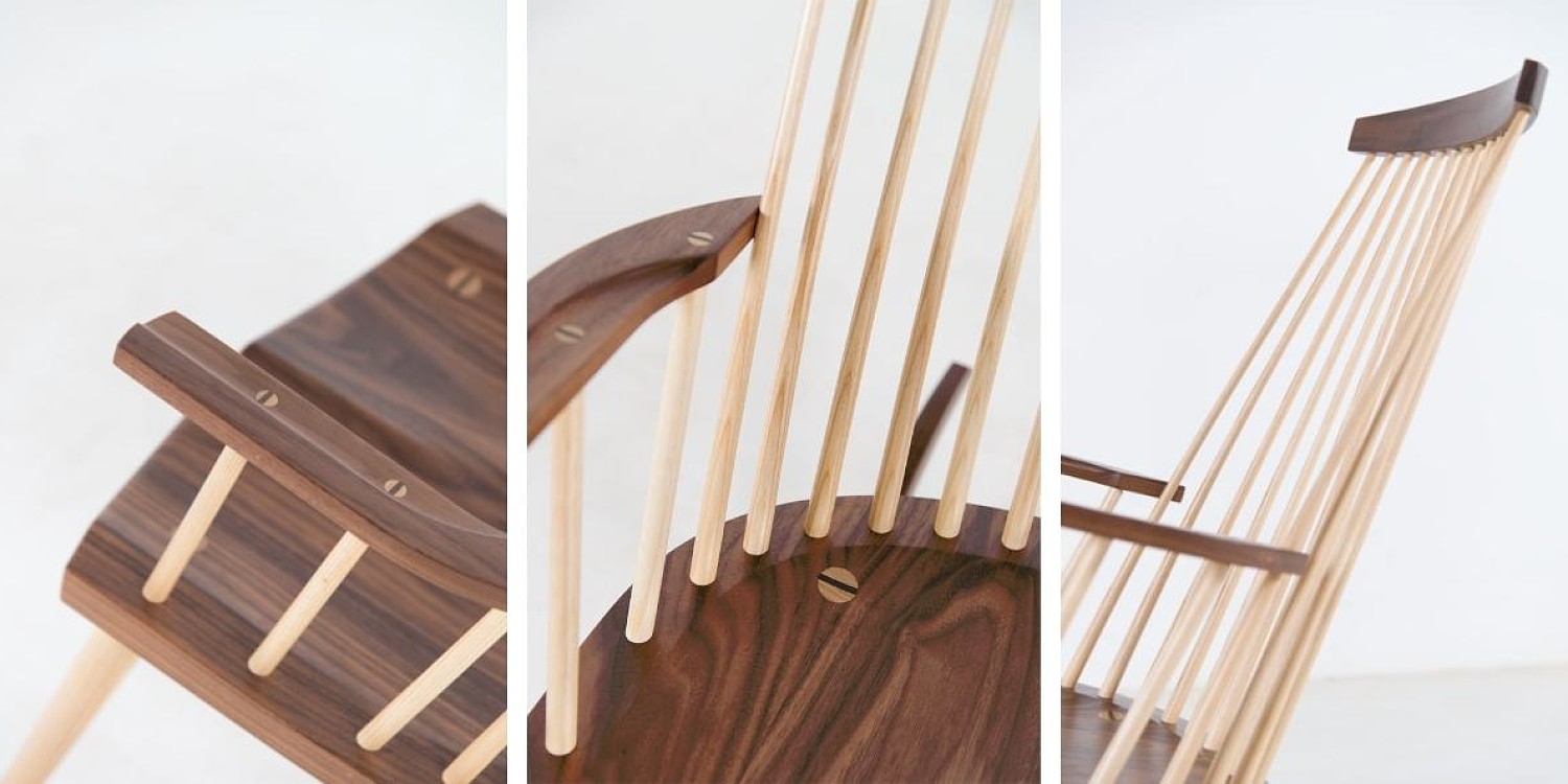 Three images of walnut rocking chair arm and back detail