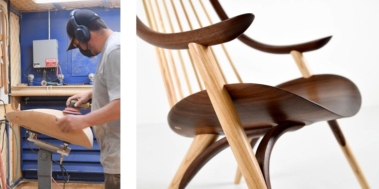 1972 in walnut and craftsperson sanding a cherry 1972 seat