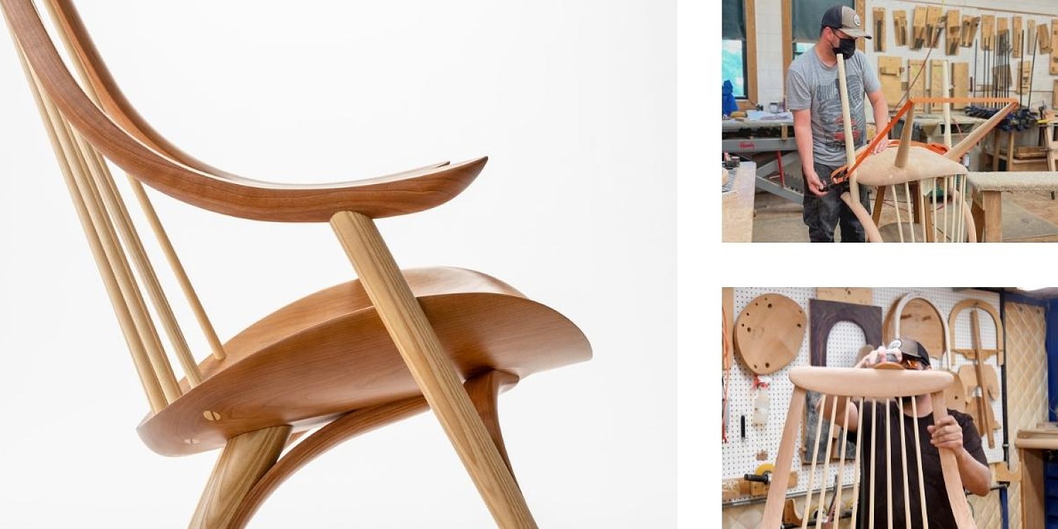 1972 seat and arm detail and craftsperson building chair