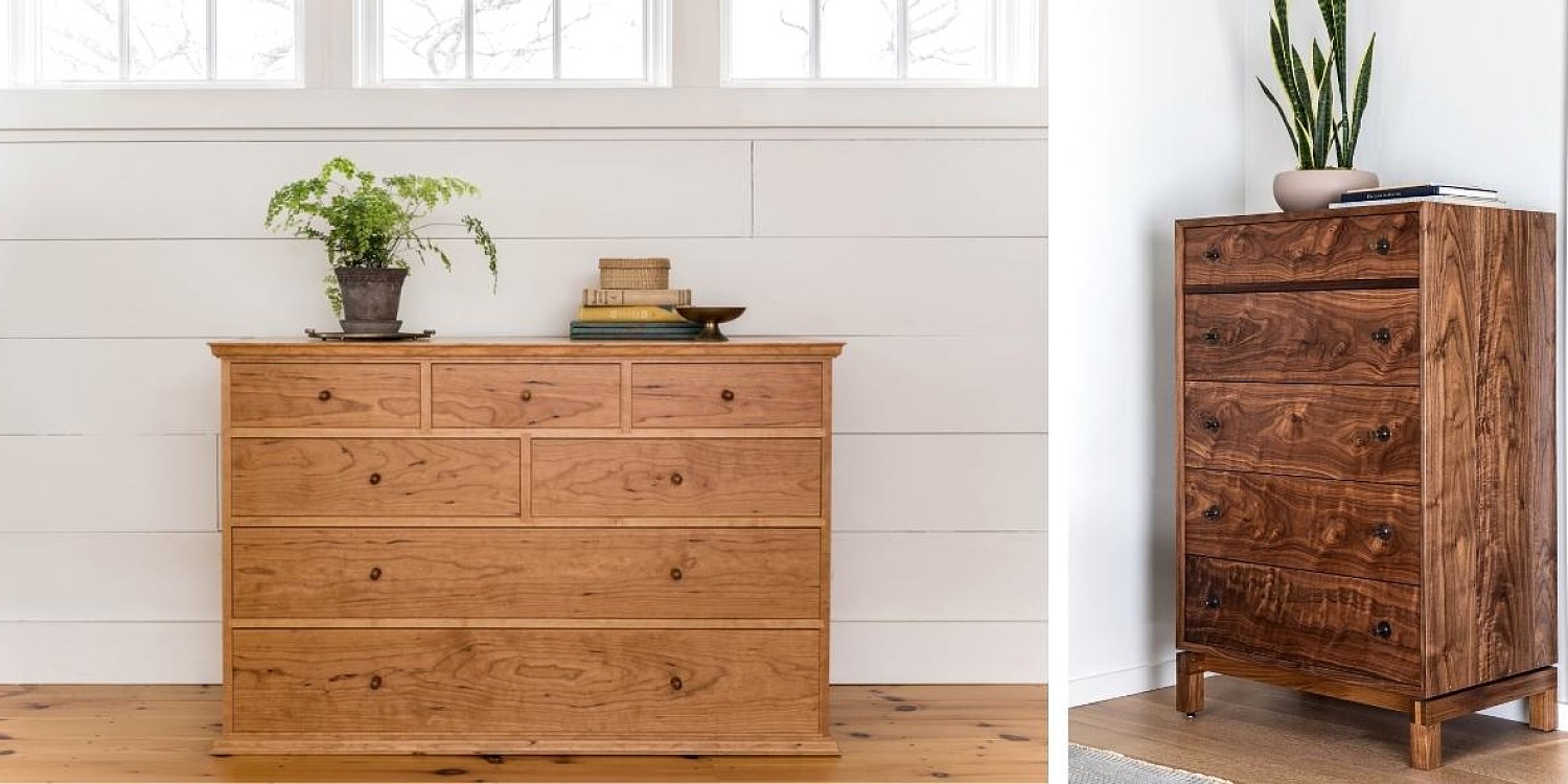 Cherry seven drawer dresser on left with plant and books, on right, a walnut studio dresser vertical displaying intricate grain patterns