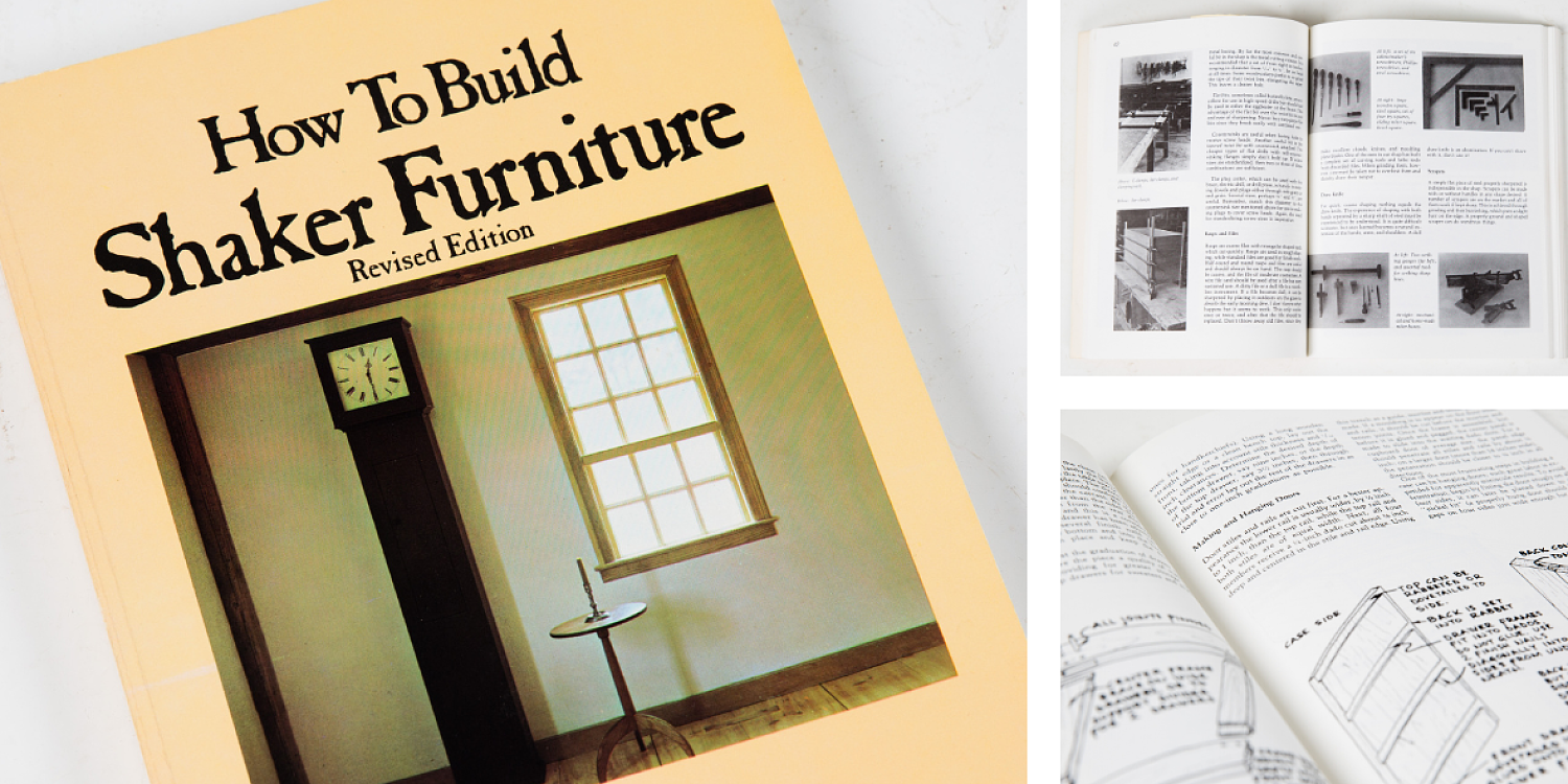book cover with pages showing line drawings for furniture and pages inside the book