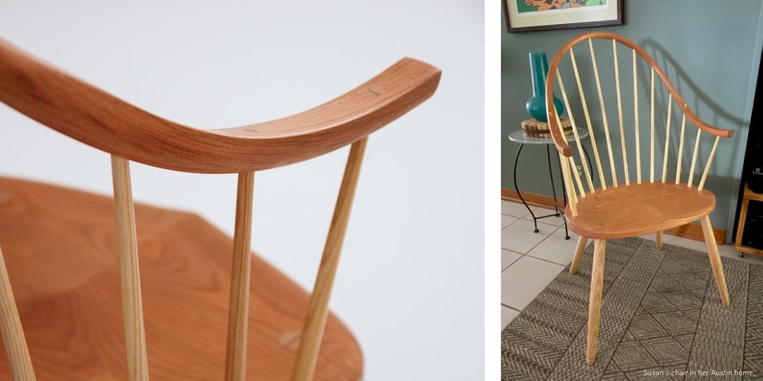 Detail of the Continuous Arm Chair arm in cherry and a Thos. Moser Continuous Arm Chair in cherry in the customers home