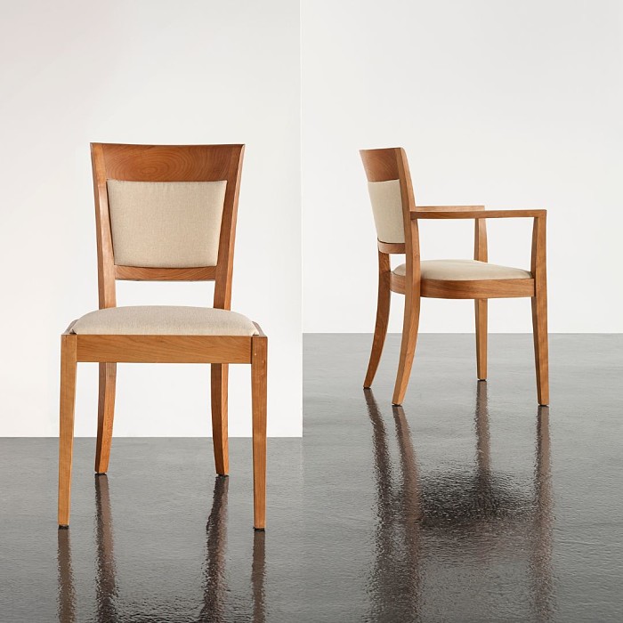 Harpswell Side chair in cherry and cream upholstery to the left and on the right is the harpswell arm chair in cherry and cream upholstery