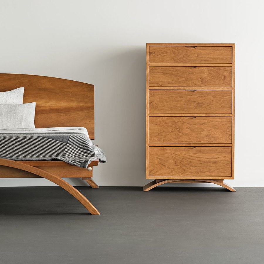Vita bed and Vertical dresser in cherry. Studio setting.
