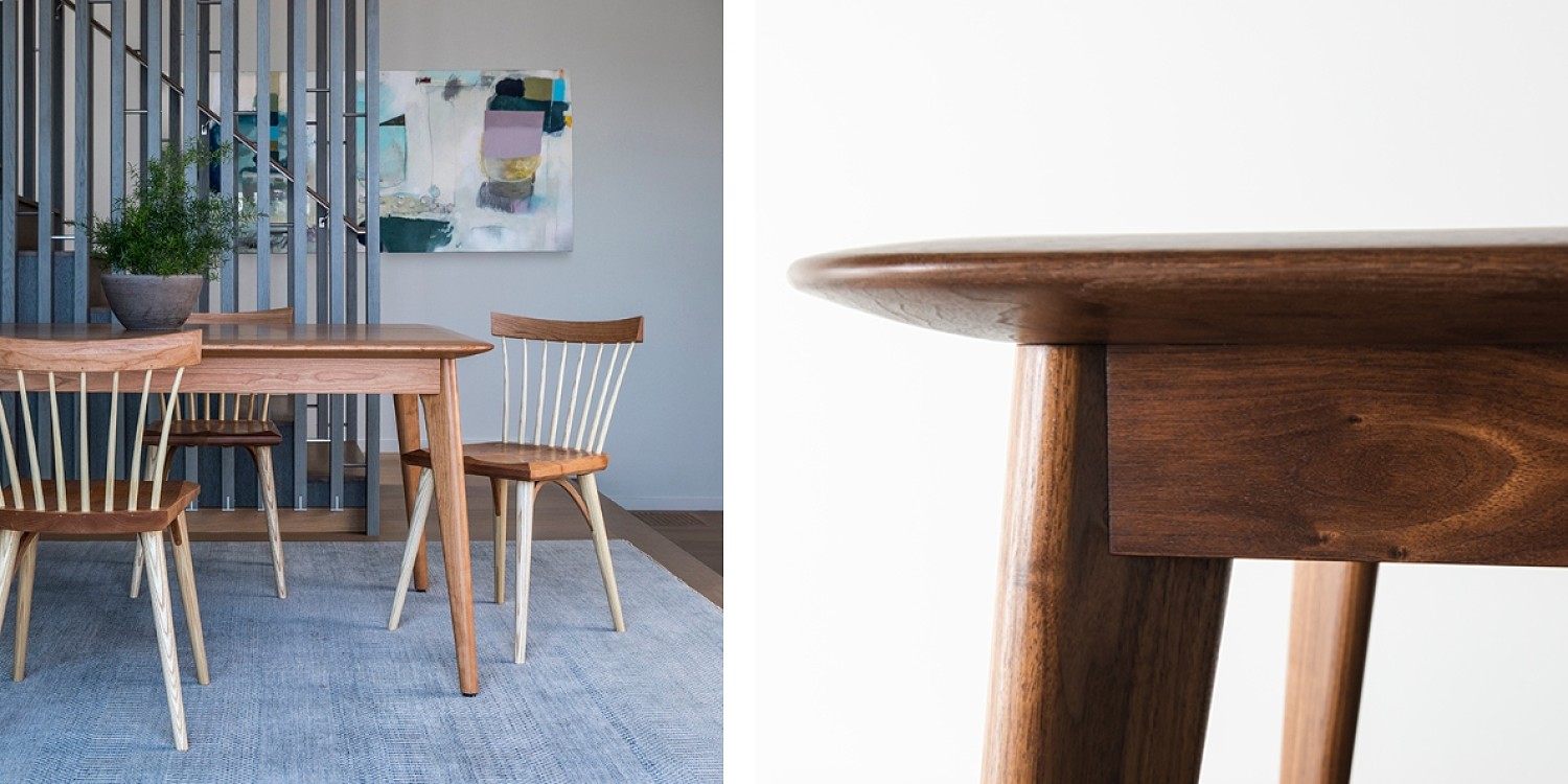 L: Dining room scene with wooden table and spindle chairs in cherry. An abstract painting with purples, greys, blues and greens hangs on the wall behind a slotted metal partition. R: Detail of the unity table leg and table top corner in walnut