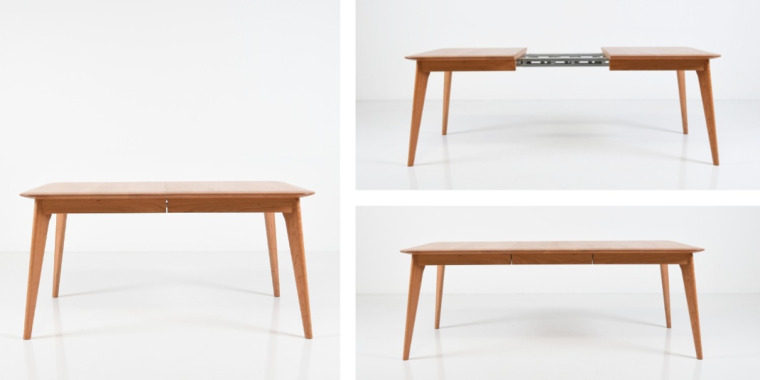 The Unity Table in cherry. The left image shows the unexpanded version of the table. The top right shows the extension mechanism and the lower right shows the table once the wooden leaves have been inserted into the table.