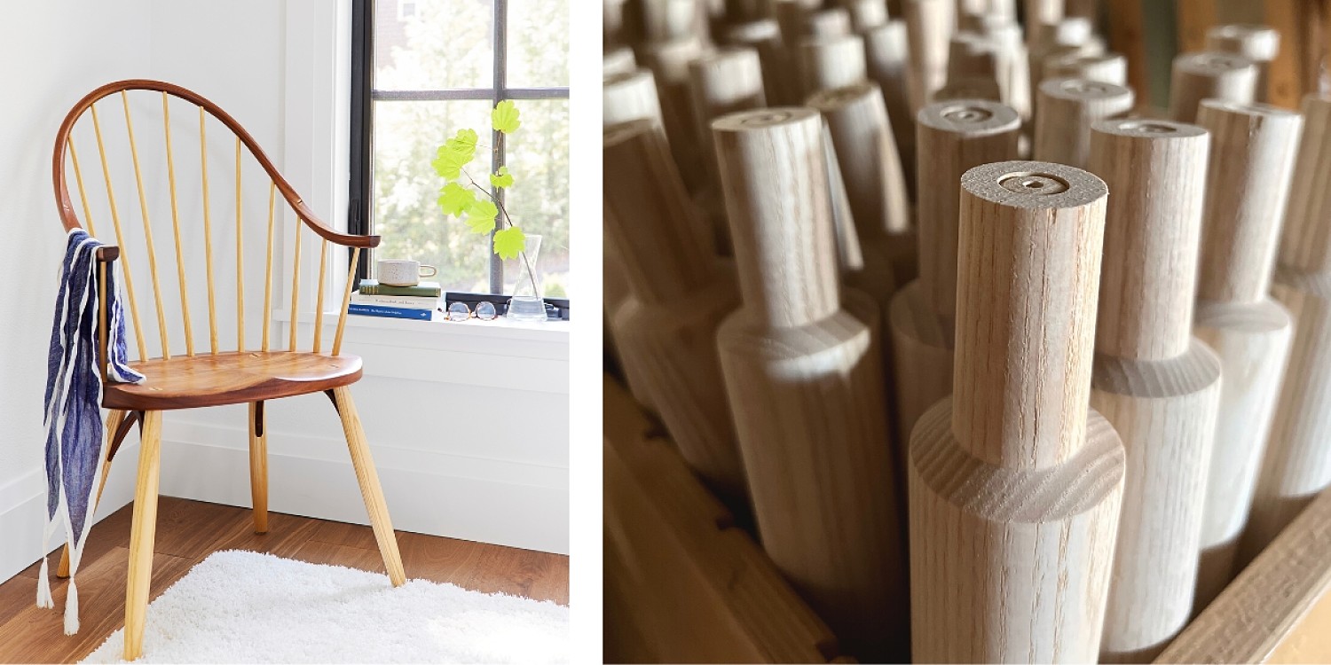 The thos moser continuous arm chair on the left and on the right a detail of the ash legs of the chair.