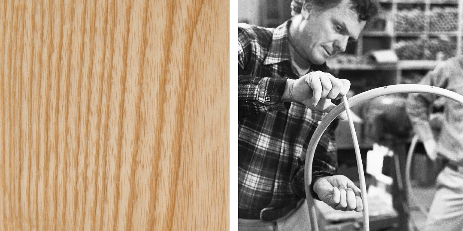A detail of an ash board. black and white images is of Tom Moser working on the spindle of a bowback chair