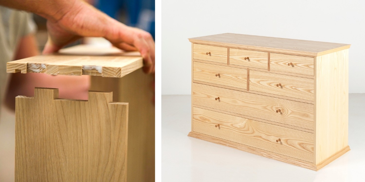 L: hands putting together a drawer made of ash. R: A dresser made of ash in a photo studio setting