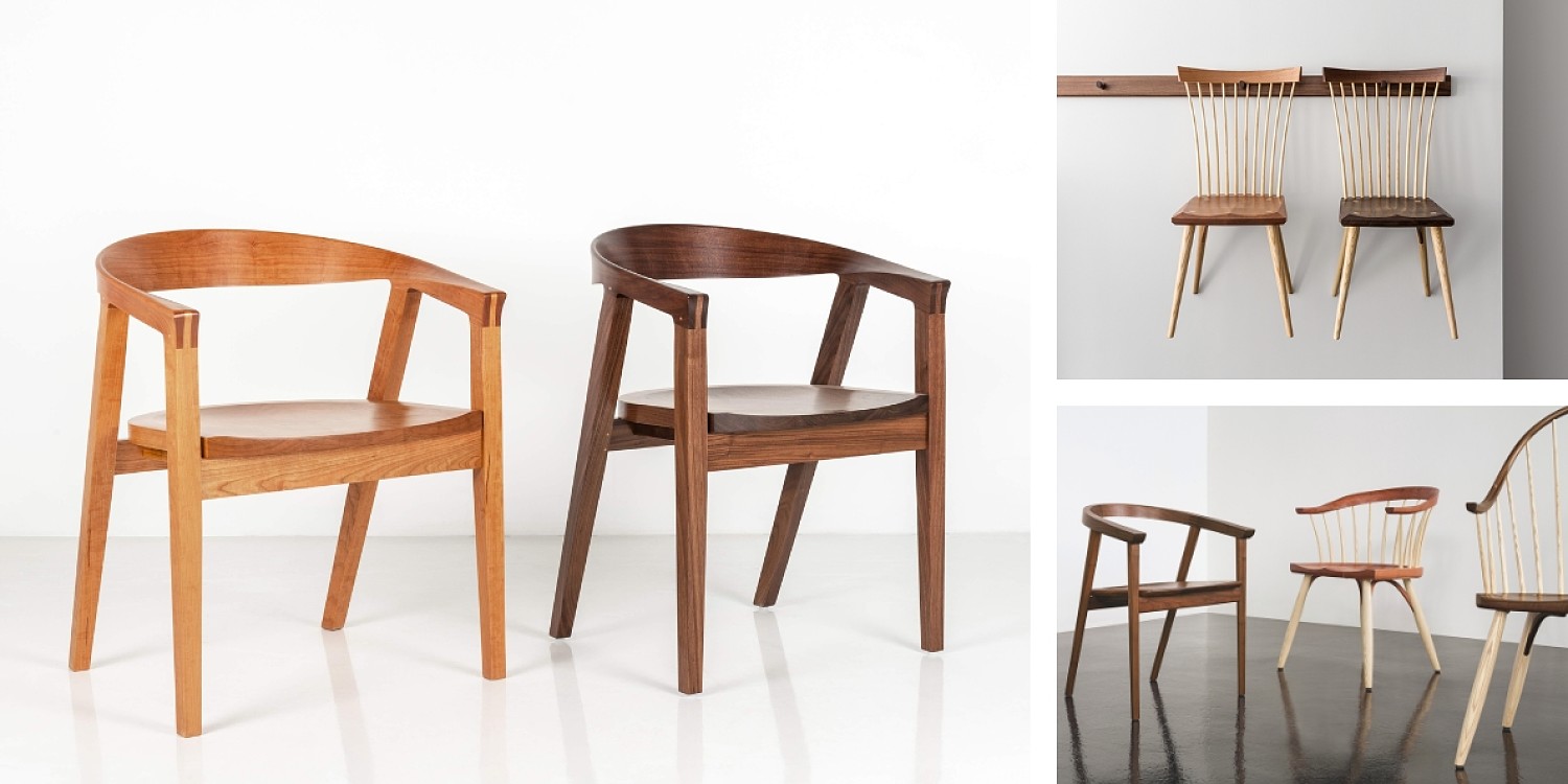 Two wooden chairs one in walnut and one in cherry are in a studio setting on the left. The top right is two spindle chairs one in walnut one in cherry hanging on a shaker post. The bottom right features three wooden arm chairs in various wood species.