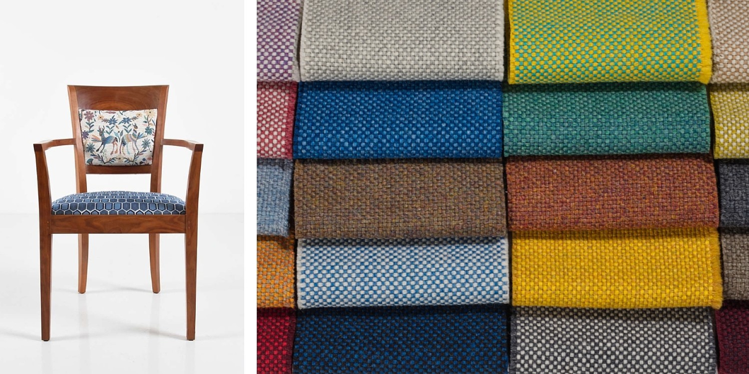 Left: a wooden chair with arms and an upholstered back and seat. The back has Dalhov Ipcar themed upholstery and the seat is blue geometric patterns. To the right are swatches of brightly colored upholstery
