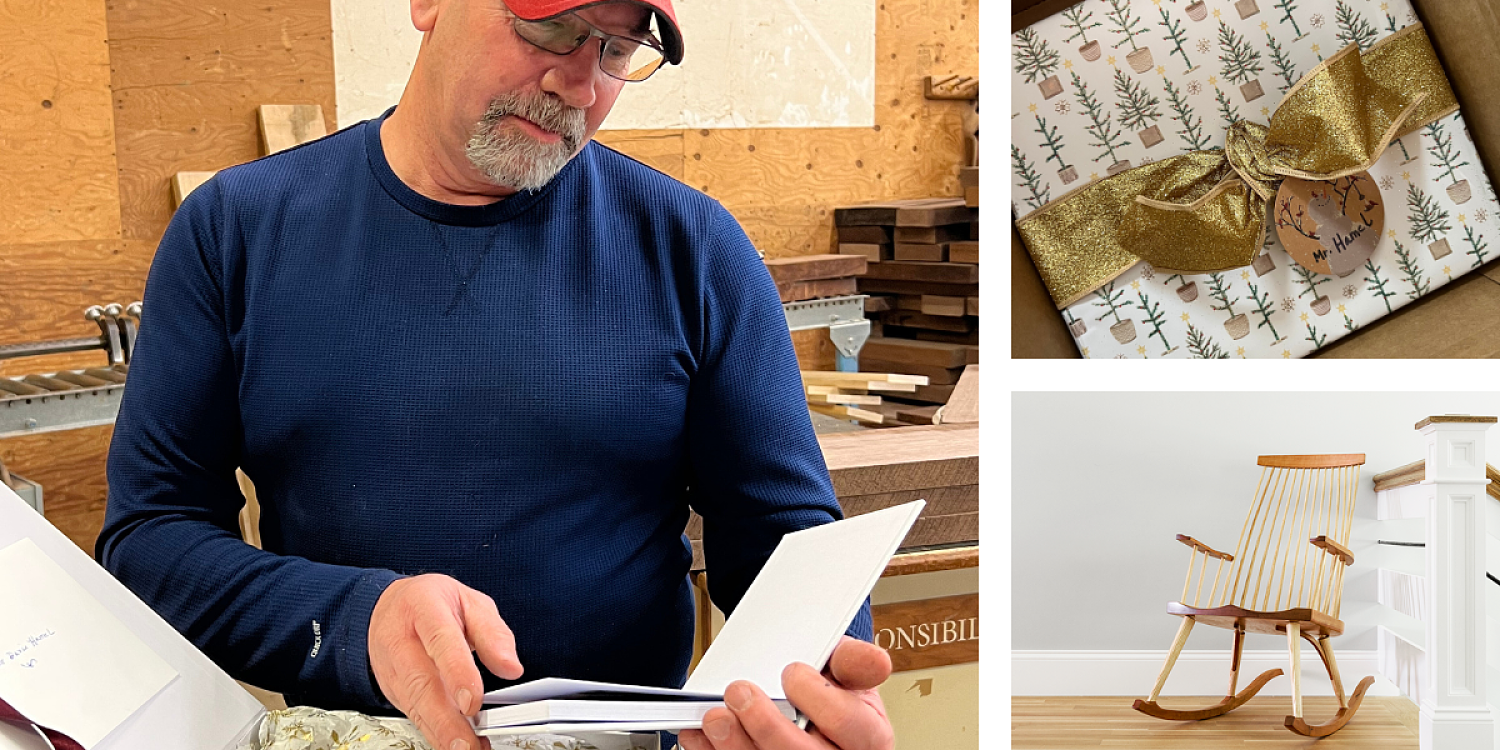 Three images: On the left is a man wearing a blue shirt. He has facial hair and is wearing glasses and a red baseball hat. He is looking down adoringly at a small book that he has in his hands. Top Right: A wrapped holiday present with a gold bow and tag. Lower Right: a wooden spindle rocking chair on a landing of a set of stairs. The rocker in made from cherry and ash.