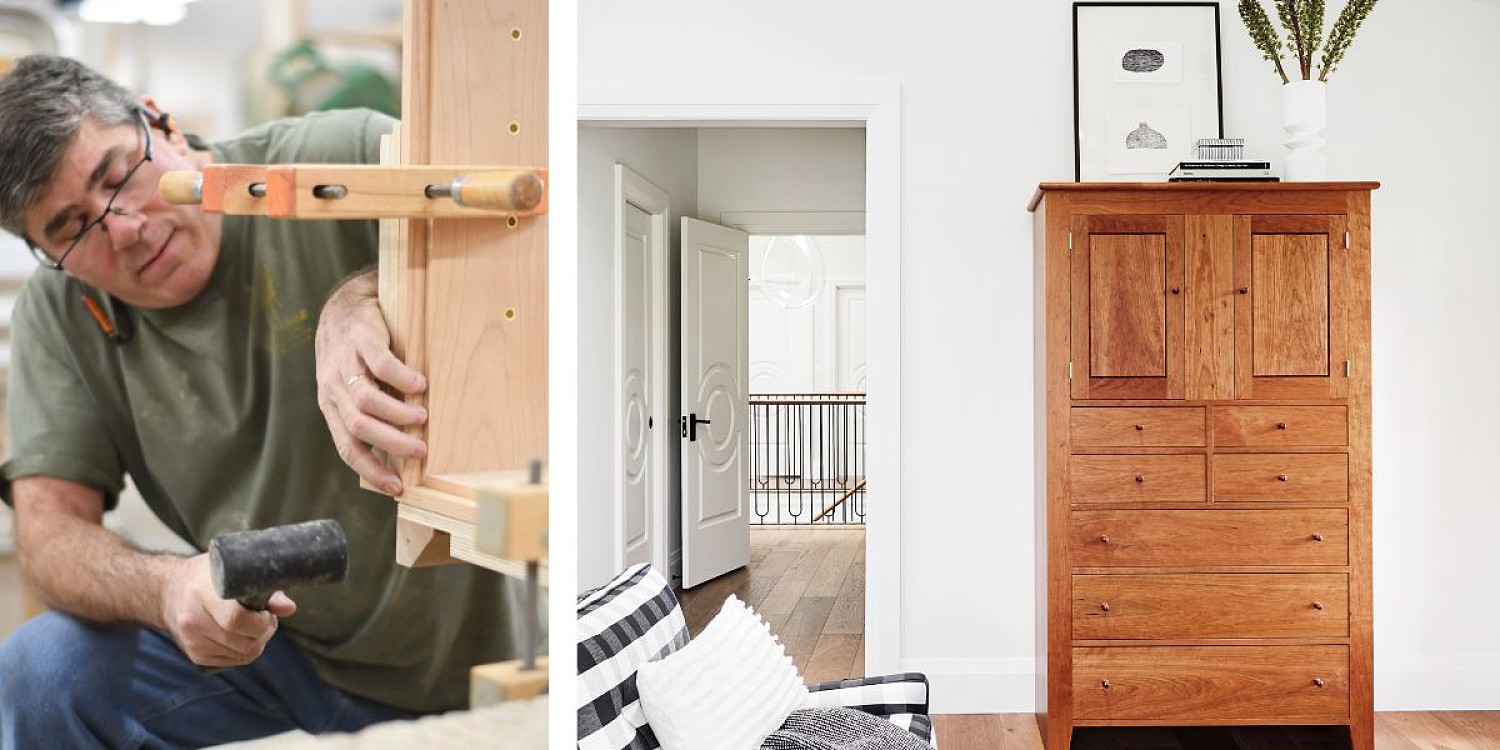 on the left is craftsman Bob Fisher workon on the lower bottom leg of a Dr. Whites Chest. ON the right is the Dr. White's chest in a living room with white walls and a doorway that looks onto a staircase.