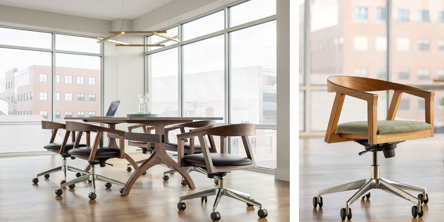 The image to the left is of an interior office conference space. There is a large extension table surrounded by wooden chairs with swivel bases. ON the right there is a single swivel chair with a wooden top and a green upholstered seat in the same office setting.