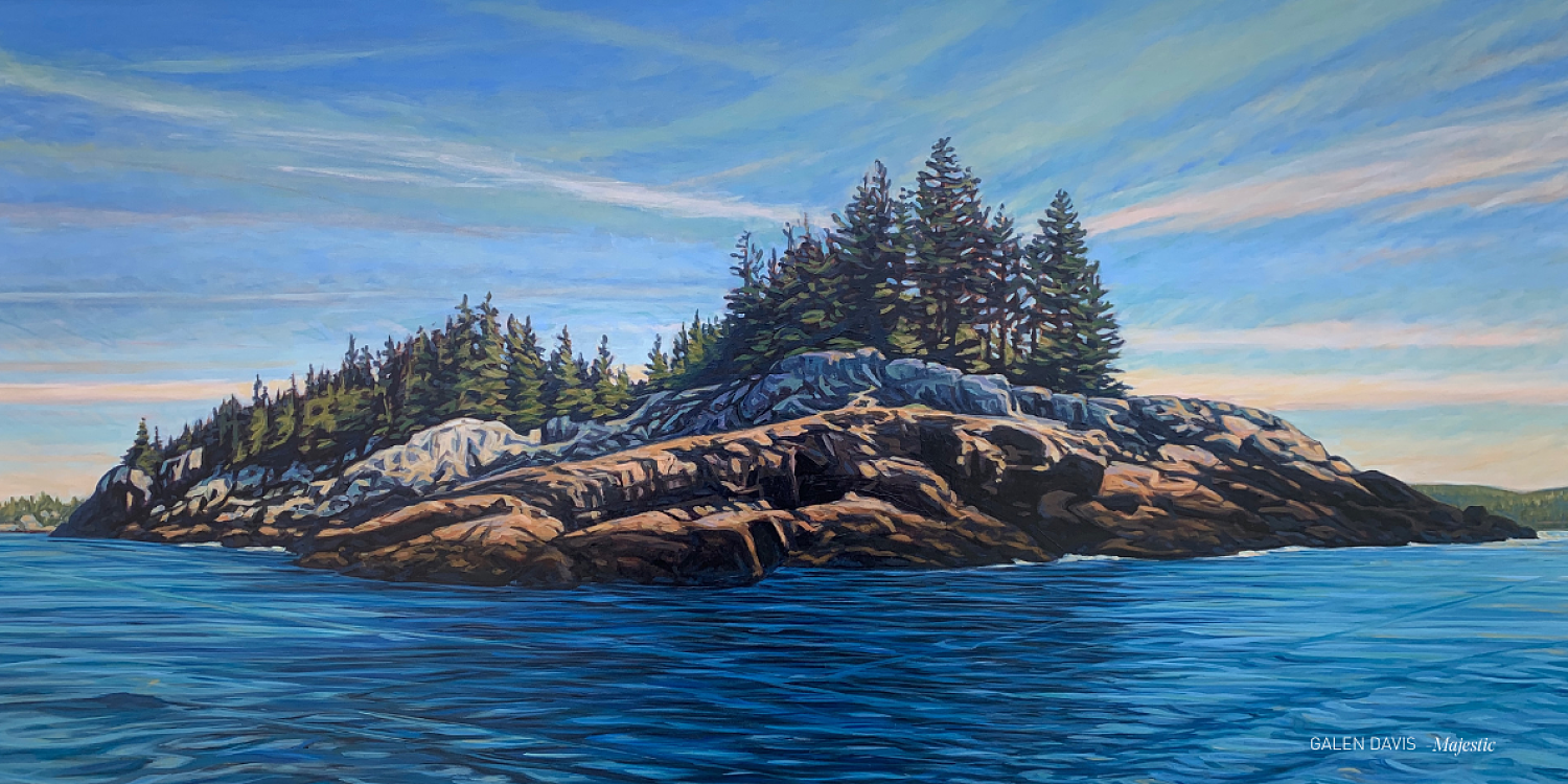 An oil painting of a rocky island in Maine with pine trees and a blue pastel sky.