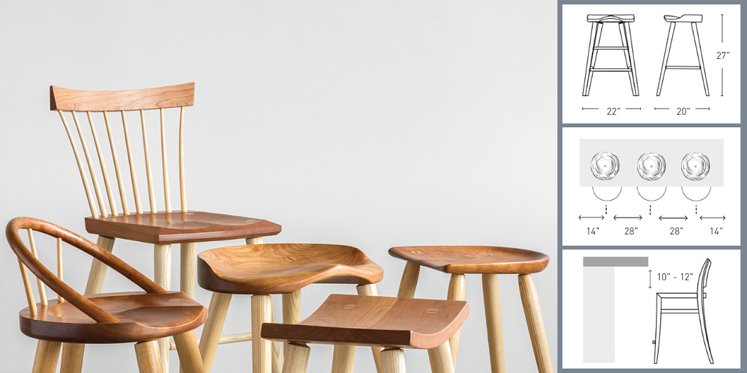 A collection of wooden stool seats is on the left and three diagrams showing how to measure a stool are to the right