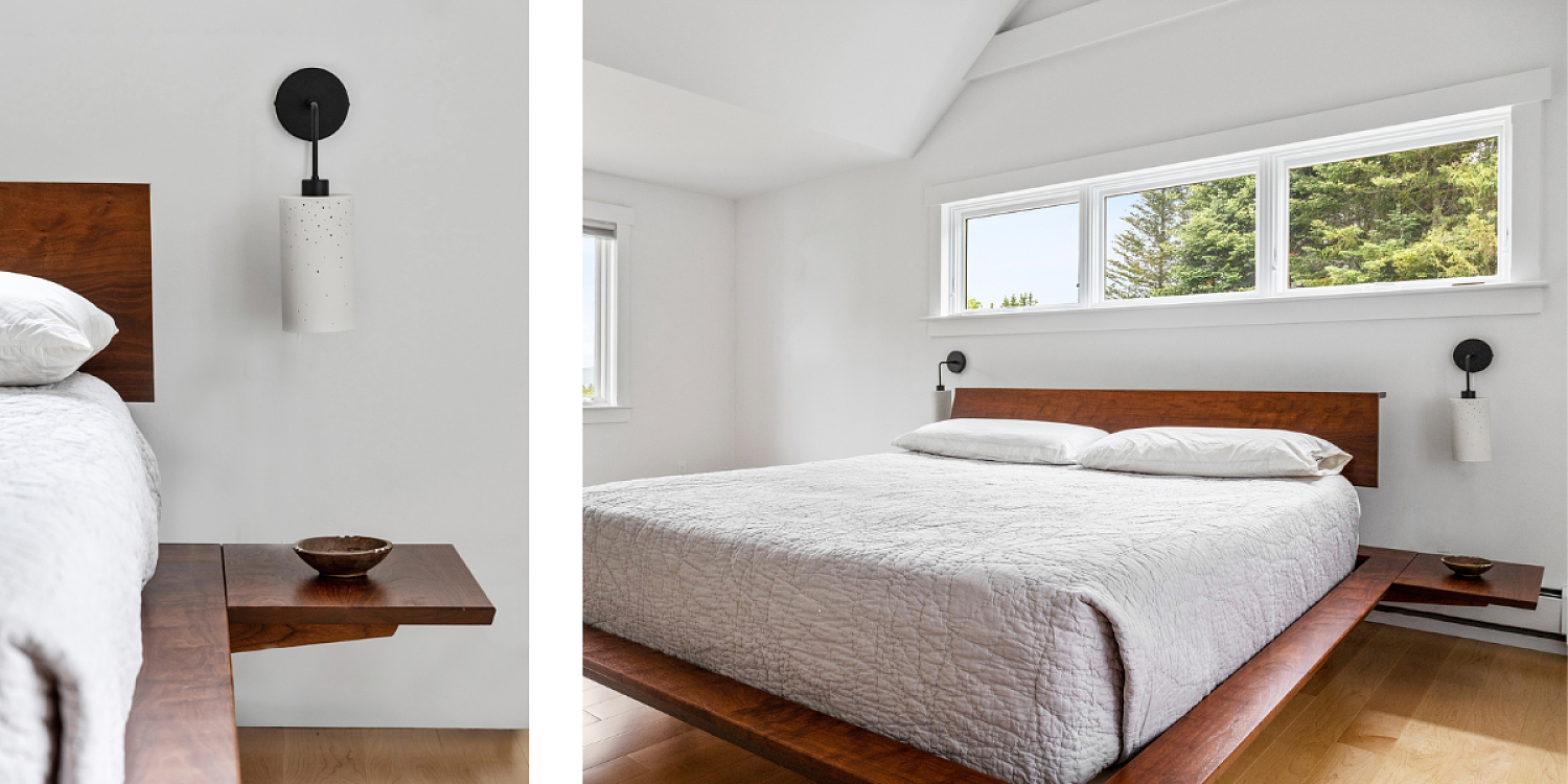The Edo bed in walnut. To the left is a detail of the side table. The image to the right shows the bed in a room with windows that look out over the Green Mountains and rolling fields.